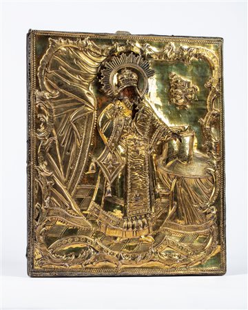 Icona su tavola raffigurante S. Nicola con riza sbalzata e cesellata in vermeil. Mosca, 1787