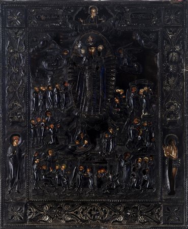Icona raffigurante Madre di Dio gioia di tutti gli afflitti, tavola a tempera e fondo oro con riza in argento. Russia, prima metà secolo XIX