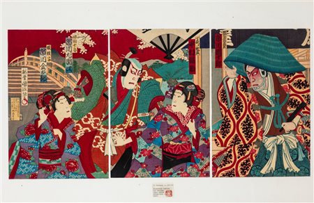 Trittico di incisioni giapponesi di Kunimasa