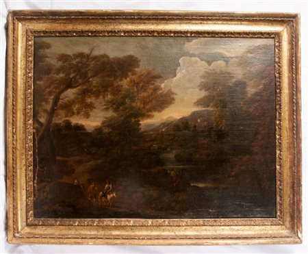  
Scorcio di paesaggio con montagne, fiume e viandanti XVIII secolo
dipinto ad olio su tela 73 x 98 cm