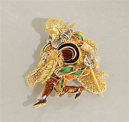 SPILLA SPILLA. In oro giallo e bianco 18 kt raffigurante cavaliere a sviluppo...