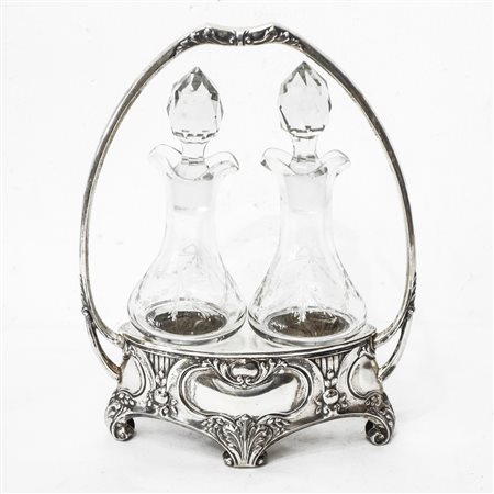 Oliera in argento 800 art nouveau con ampolle in vetro per olio e aceto