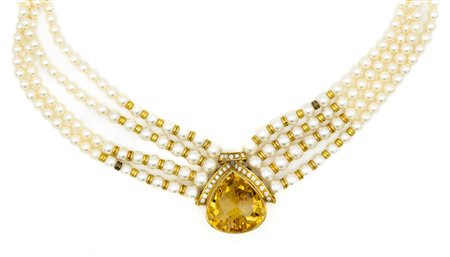 Collana in oro giallo 18kt, perle, quarzo citrino e diamanti