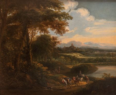 Scuola italiana, secolo XVIII - Paesaggio con cavalieri in primo piano