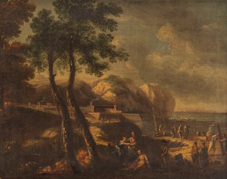Scuola napoletana, secolo XVII - Paesaggio costiero con figure
