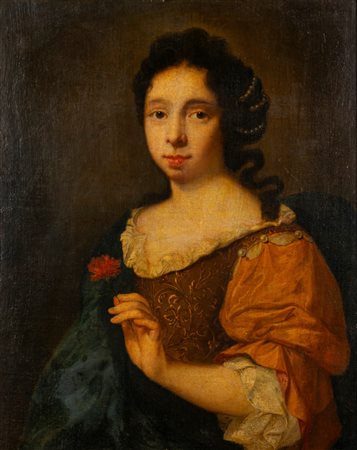 Scuola romana, secolo XVII - Ritratto di gentildonna con fiore in mano