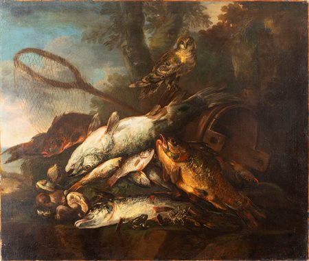 Giovanni Crivelli, detto il Crivellino (Milano ? - Parma 1760)  - Pesci e funghi porcini presso un mastello di legno, con civetta e rana