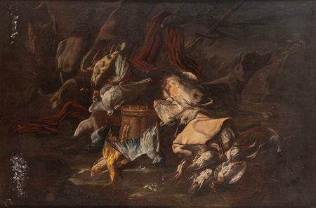 Baldassare de Caro (Napoli 1689 - Napoli 1750)  - Trionfo di cacciagione con cane in un paesaggio