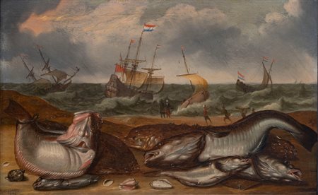 Seguace di Abraham Willaerts (1603-1669)  - Natura morta di pesci con marina sullo sfondo