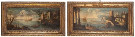 Scuola italiana, secolo XVIII - Marine con scene di porto