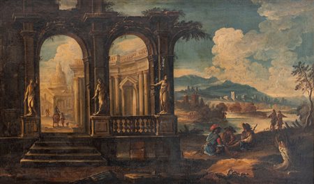 Scuola dell'Italia settentrionale, secolo XVII - Capriccio architettonico con figure nei pressi di un fiume