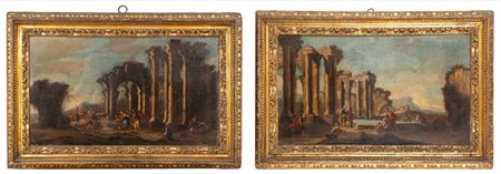 Scuola romana, secolo XVIII - Due capricci architettonici con scene religiose: Cristo e l'adultera e la Piscina probatica