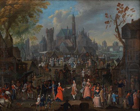 Scuola fiamminga, secolo XVIII - Scena di vita popolare all'aperto