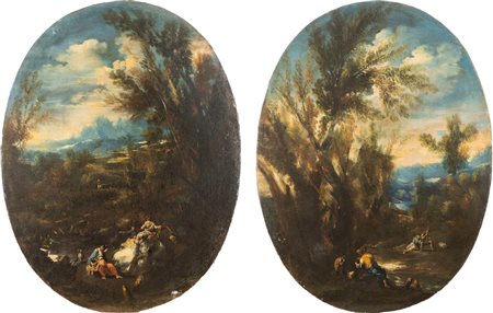 Attribuito a Antonio Francesco Peruzzini (Ancona 1643 o 1646 – Milano 1724)  - Due paesaggi boschivi con viandanti a riposo