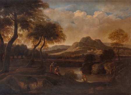 Scuola italiana, fine secolo XVII - inizi secolo XVIII - Paesaggio fluviale con pescatore in riva