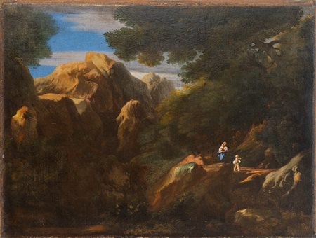 Scuola italiana, secolo XVII - Paesaggio roccioso con astanti