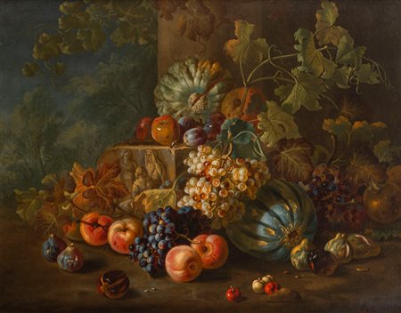 Pittore fiammingo attivo a Roma, ultimo quarto del secolo XVII - inizi del secolo XVIII - Trionfo di fiori e frutti in un giardino