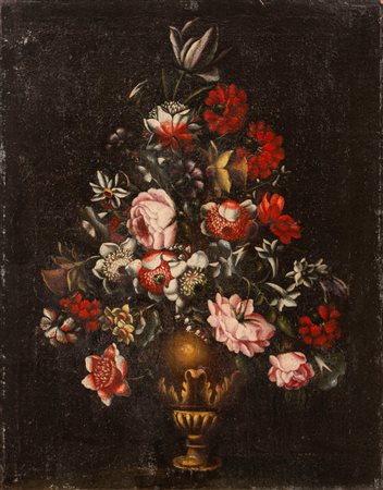 Scuola italiana, secolo XVII - Rose, anemoni e garofani in un vaso