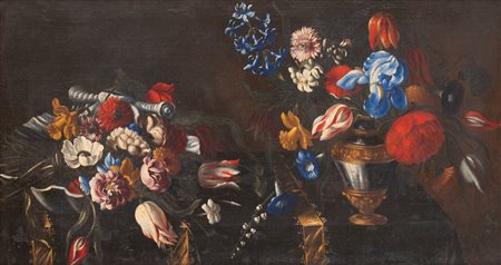 Scuola dell'Italia centrale, secolo XVII - Tulipani, iris, garofani ed altri fiori in un vaso su un tavolo