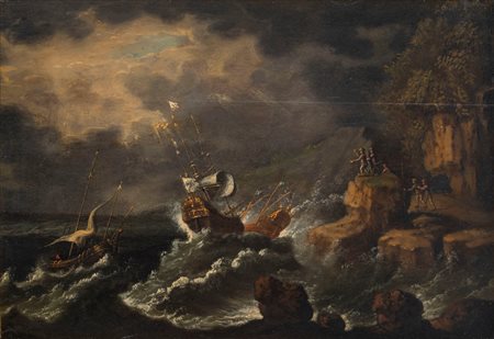 Scuola del nord Europa, fine secolo XVII - inizi secolo XVIII - Marina in tempesta con velieri