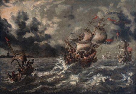 Scuola del Nord Europa, fine secolo XVIII - inizi secolo XIX - Marina in tempesta con velieri