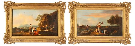 Giovanni Signorini (Firenze 1808 - 1864)  - Due paesaggi arcadici con pastori e contadine
