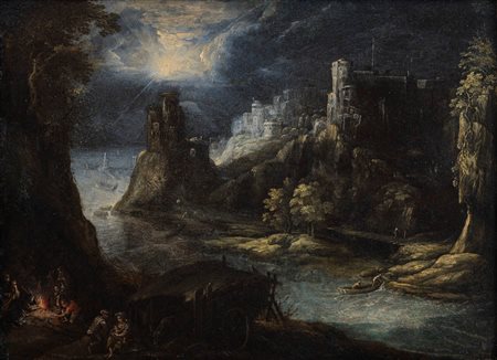 Ambito di Paul Bril (Anversa 1554 – Roma 1626)  - Paesaggio fluviale al chiaro di luna con figure e fortezza in lontananza