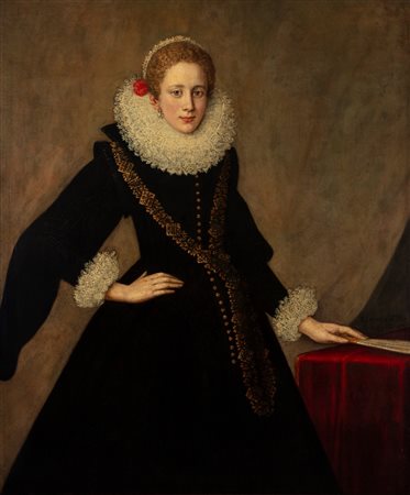 Leandro Bassano (Bassano del Grappa 1557 - Venezia 1622)  - Ritratto di gentildonna con garofano