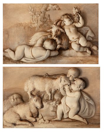 Scuola francese, secolo XVIII - Gioco di putti con pecore; Gioco di putti con capra