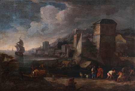 Luca Carlevarijs (Udine 1663 - Venezia 1730)  - Veduta di porto con figure e velieri