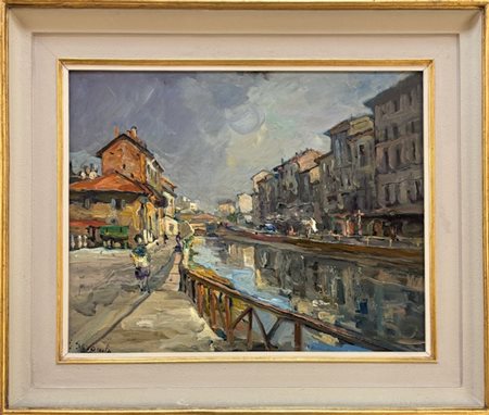 Giovanni Sirombo Milano 1885 - 1954 Milano, Naviglio Olio su tavola cm 46x60 firmato in basso a sx