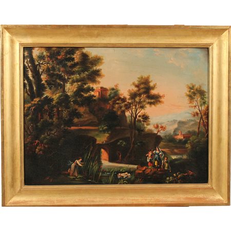 Scuola italiana della metà del secolo XIX "Paesaggio con figure e ruderi"