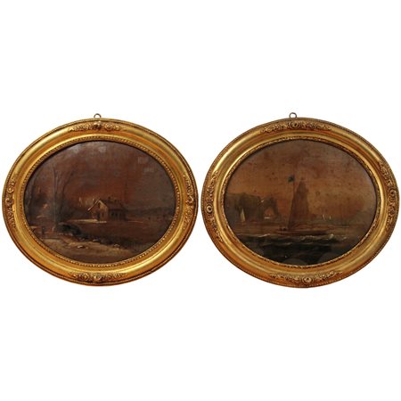 Pittore francese del secolo XIX "Marina e paesaggio con casolare"