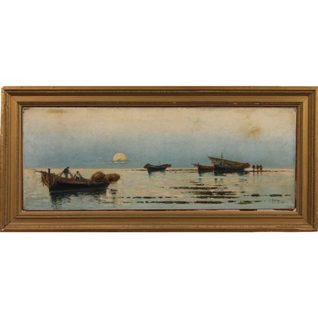 Erminio Kremp (1860/1936) "Marina con barche di pescatori"