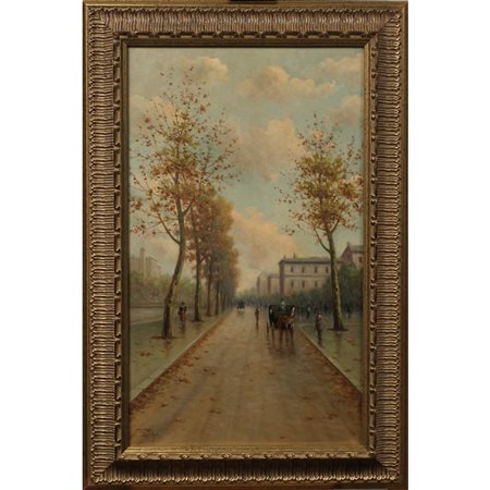 Aurelio Catti (1895/1966) "Strada di città con carrozze e figure"