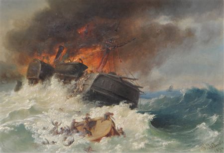 Edmund von Wörndle (Wien/Vienna 1829 - 1902) Incendio su un piroscafo nel...