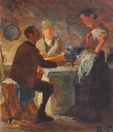 Rudolf Oberstolz (Innsbruck 1865 - Bozen/Bolzano 1910) Al fornello;Olio su...