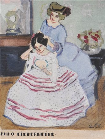 Leo Putz (Meran/Merano 1869 - 1940) Anno Biedermeier, 1903;Acquerello e...