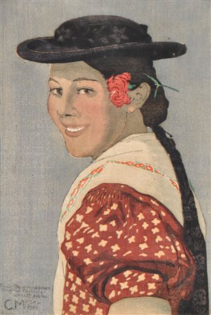 Carl Moser (Bozen/Bolzano 1873 - 1939) Contadinella tirolese, 1921;Xilografia...