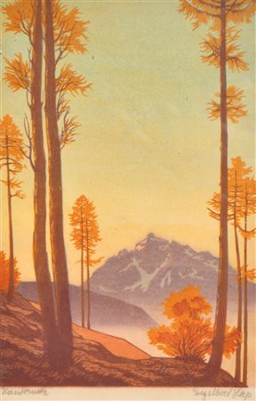 Englbert Lap (Graz 1886 - Innsbruck 1970) Larici con vista sulla Serles;...