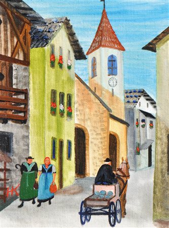 Hans Kompatscher (Völser Aicha 1906 -Bozen/Bolzano 1988) Scena di paese in...