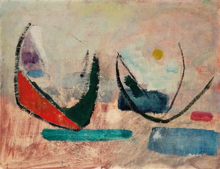 Hans Ebensperger (Prad am Stilfserjoch 1929 - 1971) Barche sulla spiaggia,...