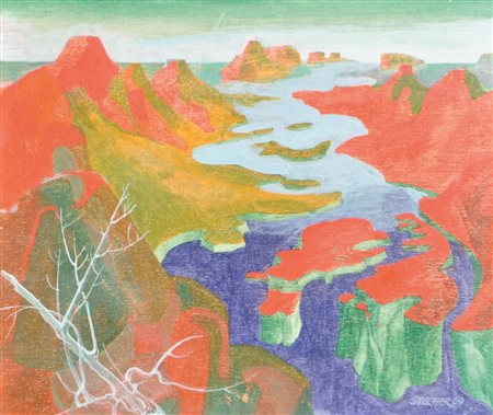 Luis Stefan Stecher (Laas/Lasa 1937) Isole nel fiume, 1969;Olio su tavola,...