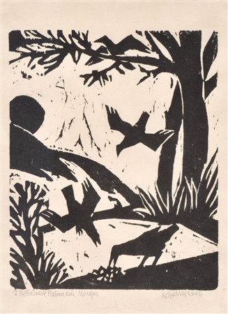 Karl Grasser Corvi al mattino, 2006;Xilografia, 32,5 x 24 cm Firma, data e...
