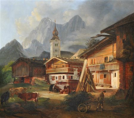 Ignaz Hofer (Schwanberg 1790 - Graz 1862) Villaggio alpino con chiesa,...