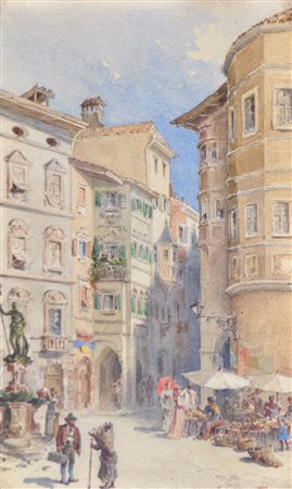 Ernst Fries Mercato della frutta Bolzano, 1900 ca.;Acquerello, 25 x 15 cm, in...