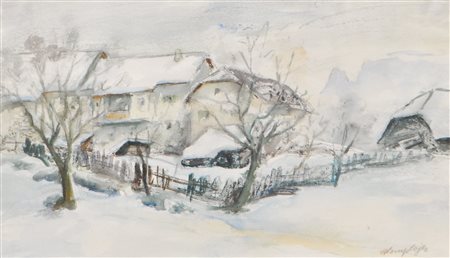 Rudolf Complojer (Mühlbach 1905 - Unterinn 1992) Fattoria in inverno con...