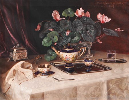 Ignaz Schönbrunner (Wien/Vienna 1871) Natura morta con tavolo, servizio da tè...