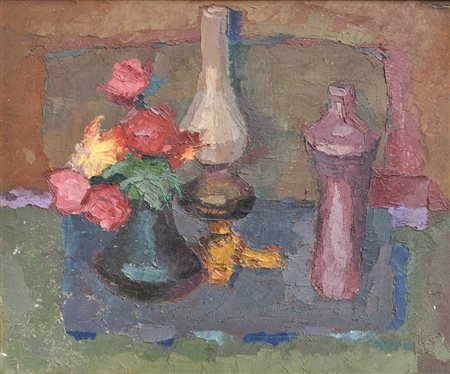 Bruno Colorio (Trient/Trento 1911 - 1997) Natura morta;Olio e sabbia su...