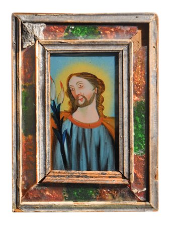 Anonym/Anonimo Pittura dietro vetro "Gesù", XIX sec.;10,5 x 6,5 cm, cornice...